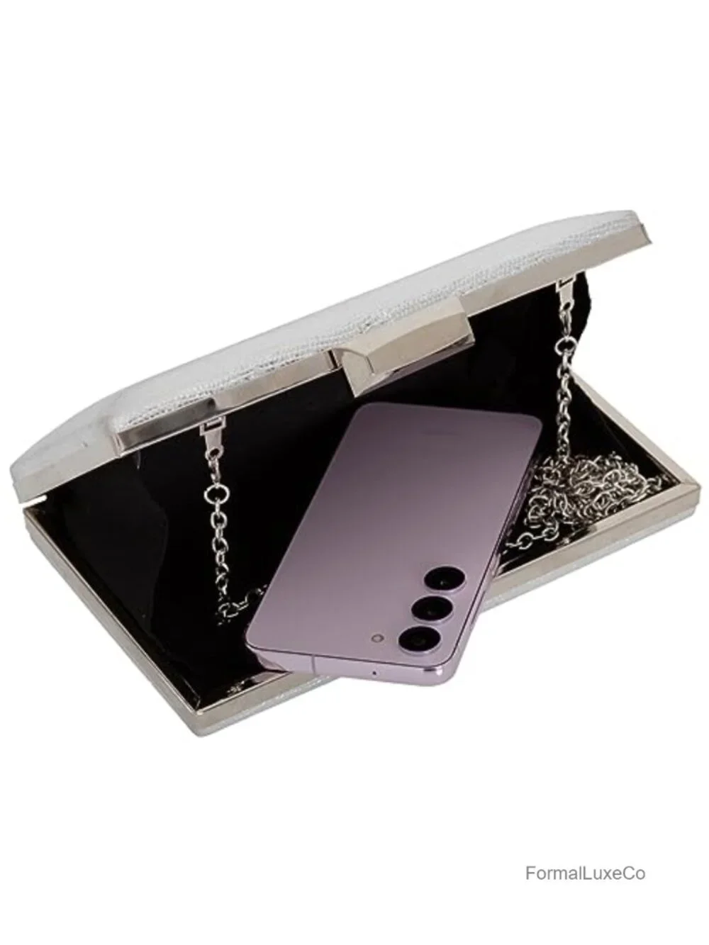Metallic Material Hard Case Evening Party Clutch with Crossbody Chain